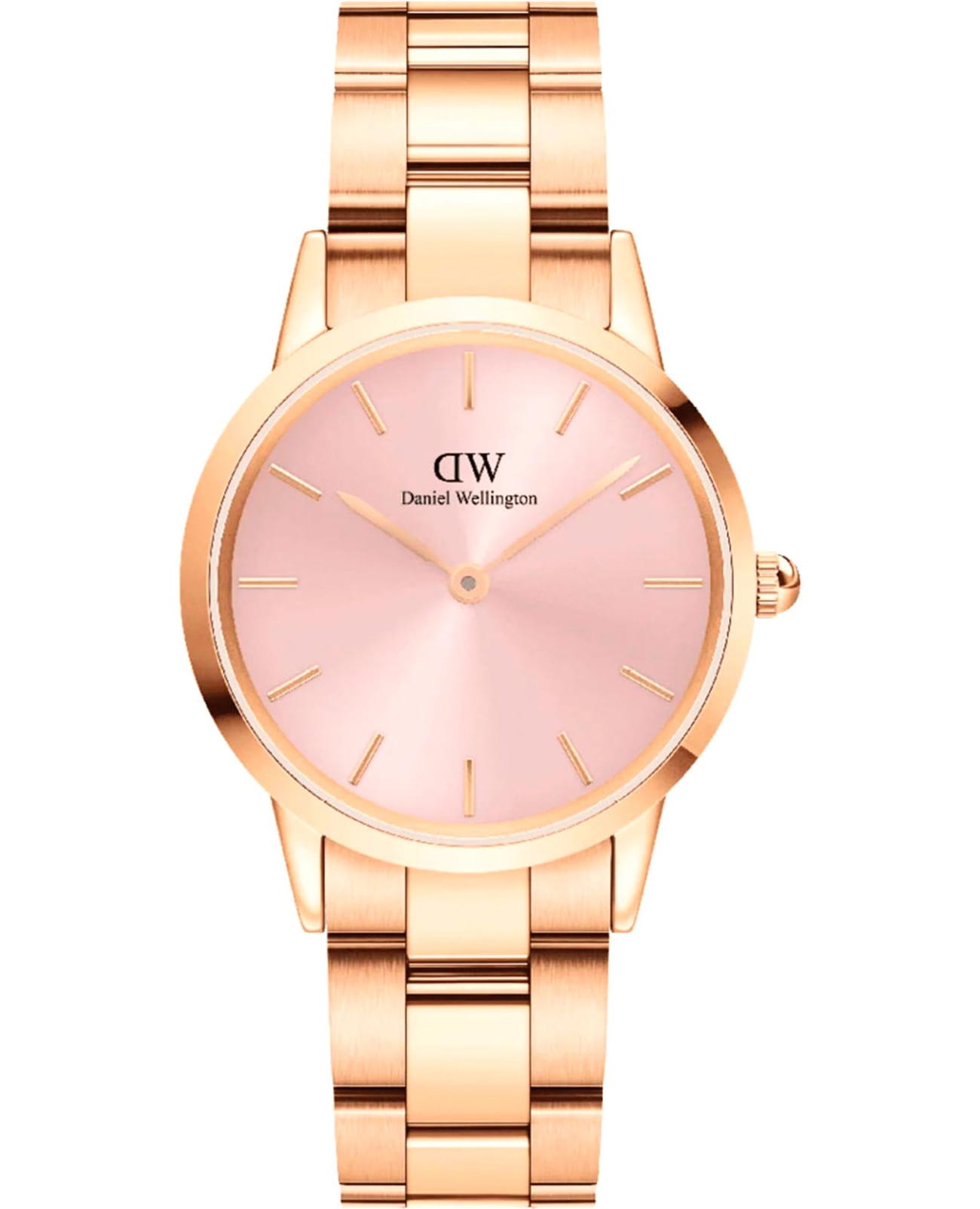 Daniel Wellington Daniel Wellington Iconic Link DW00100369  DW00100369 кварцевые женские часы розовый циферблат, браслет нержавеющая сталь с pvd-покрытием — вид спереди